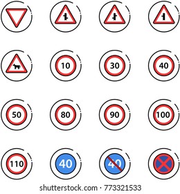 line vector icon set - giving way vector road sign, intersection, cow, speed limit 10, 30, 40, 50, 80, 90, 100, 110, minimal, end, no stop