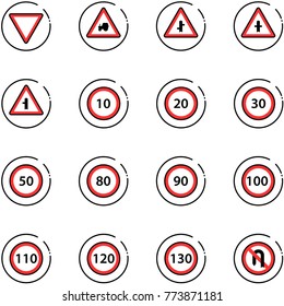 line vector icon set - giving way vector road sign, tractor, intersection, speed limit 10, 20, 30, 50, 80, 90, 100, 110, 120, 130, no turn back