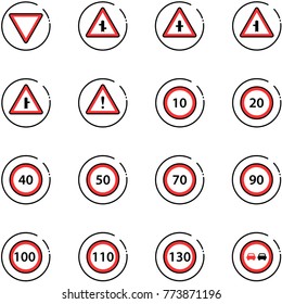 line vector icon set - giving way vector road sign, intersection, attention, speed limit 10, 20, 40, 50, 70, 90, 100, 110, 130, no overtake