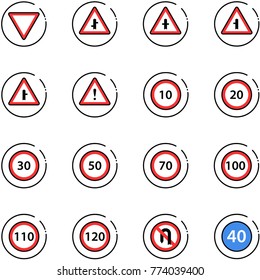line vector icon set - giving way vector road sign, intersection, attention, speed limit 10, 20, 30, 50, 70, 100, 110, 120, no turn back, minimal