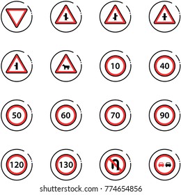 line vector icon set - giving way vector road sign, intersection, cow, speed limit 10, 40, 50, 60, 70, 90, 120, 130, no turn back, overtake