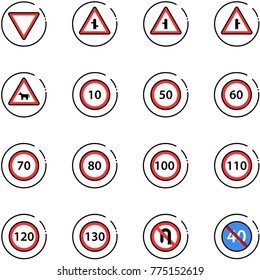 Line Vector Icon Set - Giving Way Vector Road Sign, Intersection, Cow, Speed Limit 10, 50, 60, 70, 80, 100, 110, 120, 130, No Turn Back, End Minimal