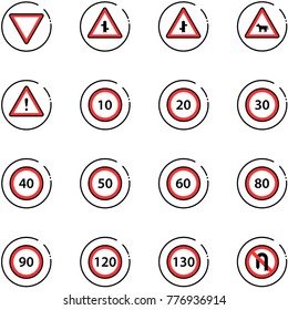 line vector icon set - giving way vector road sign, intersection, cow, attention, speed limit 10, 20, 30, 40, 50, 60, 80, 90, 120, 130, no turn back