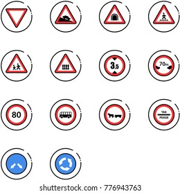 line vector icon set - giving way vector road sign, steep descent, tunnel, pedestrian, children, railway intersection, limited height, distance, speed limit 80, no bus, cart horse, tax peage, detour