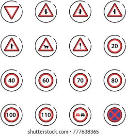 line vector icon set - giving way vector road sign, intersection, cow, attention, speed limit 20, 40, 60, 70, 80, 100, 110, no overtake, stop