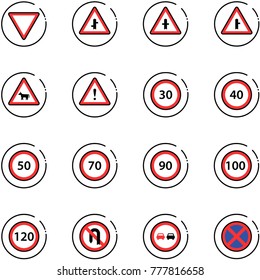 line vector icon set - giving way vector road sign, intersection, cow, attention, speed limit 30, 40, 50, 70, 90, 100, 120, no turn back, overtake, stop
