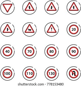 line vector icon set - giving way vector road sign, intersection, cow, attention, speed limit 20, 40, 70, 80, 90, 100, 110, 130, no turn back