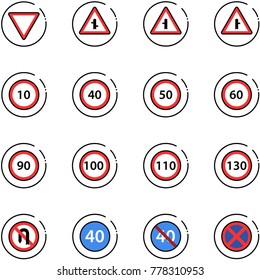 line vector icon set - giving way vector road sign, intersection, speed limit 10, 40, 50, 60, 90, 100, 110, 130, no turn back, minimal, end, stop