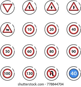 line vector icon set - giving way vector road sign, intersection, cow, speed limit 10, 20, 40, 50, 60, 80, 90, 100, 130, no turn back, minimal