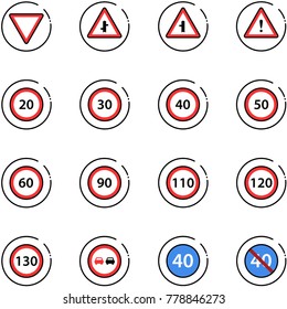 line vector icon set - giving way vector road sign, intersection, attention, speed limit 20, 30, 40, 50, 60, 90, 110, 120, 130, no overtake, minimal, end