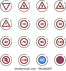 line vector icon set - giving way vector road sign, intersection, cow, attention, speed limit 10, 20, 30, 40, 70, 90, 120, no turn back, overtake, minimal, stop