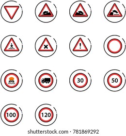 line vector icon set - giving way vector road sign, climb, steep descent, embankment, pedestrian, railway intersection, attention, prohibition, no dangerous cargo, truck, speed limit 30, 50, 100