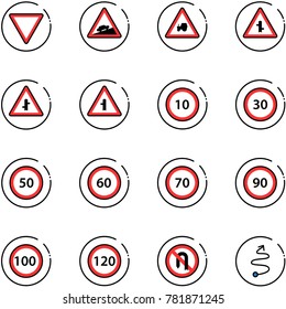 line vector icon set - giving way vector road sign, climb, tractor, intersection, speed limit 10, 30, 50, 60, 70, 90, 100, 120, no turn back, trip