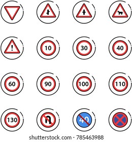 Line Vector Icon Set - Giving Way Vector Road Sign, Intersection, Cow, Attention, Speed Limit 10, 30, 40, 60, 90, 100, 110, 130, No Turn Back, End Minimal, Stop