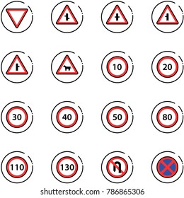 line vector icon set - giving way vector road sign, intersection, cow, speed limit 10, 20, 30, 40, 50, 80, 110, 130, no turn back, stop
