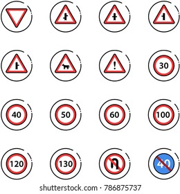 Line Vector Icon Set - Giving Way Vector Road Sign, Intersection, Cow, Attention, Speed Limit 30, 40, 50, 60, 100, 120, 130, No Turn Back, End Minimal