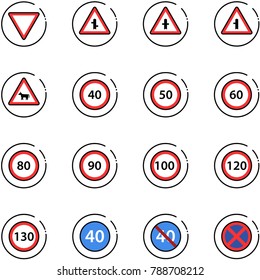 line vector icon set - giving way vector road sign, intersection, cow, speed limit 40, 50, 60, 80, 90, 100, 120, 130, minimal, end, no stop