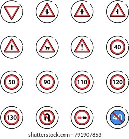 line vector icon set - giving way vector road sign, intersection, cow, attention, speed limit 40, 50, 90, 110, 120, 130, no turn back, overtake, end minimal