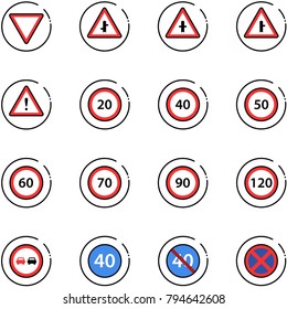 line vector icon set - giving way vector road sign, intersection, attention, speed limit 20, 40, 50, 60, 70, 90, 120, no overtake, minimal, end, stop