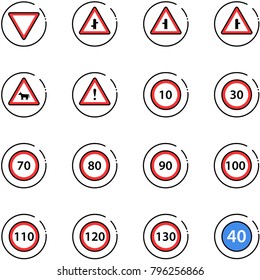 line vector icon set - giving way vector road sign, intersection, cow, attention, speed limit 10, 30, 70, 80, 90, 100, 110, 120, 130, minimal