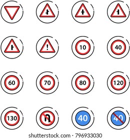 line vector icon set - giving way vector road sign, intersection, attention, speed limit 10, 40, 60, 70, 80, 120, 130, no turn back, minimal, end