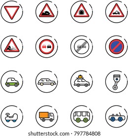 line vector icon set - giving way vector road sign, steep descent, tunnel, car crash, gravel, no overtake, end limit, parking, limousine, baggage, piston, baby, truck toy, bus