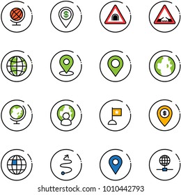 line vector icon set - globe vector, dollar pin, tunnel road sign, drawbridge, map, man, flag, atm, trip, navigation