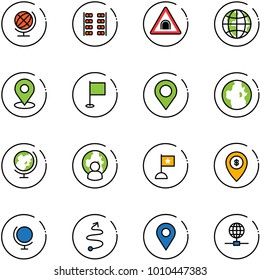line vector icon set - globe vector, plane seats, tunnel road sign, map pin, flag, man, atm, trip, navigation