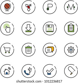 line vector icon set - globe vector, holly, ruble, monero, hand cursor, download, save, clipboard, cart, trash bin, dialog, gear, wireless home, phone, check, fretsaw