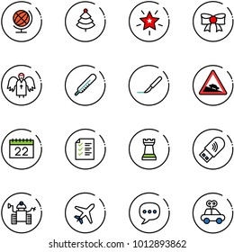 line vector icon set - globe vector, christmas tree, star, bow, angel, thermometer, scalpel, steep descent road sign, calendar, list, chess tower, usb wi fi, robot, plane, chat, car toy