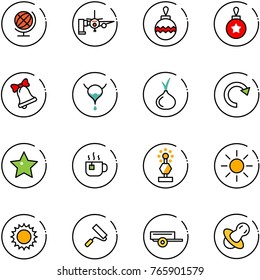 line vector icon set - globe vector, boarding passengers, christmas ball, bell, bladder, onion, redo, star, hot tea, award, sun, paint roller, trailer, soother