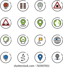 line vector icon set - globe vector, plane seats, dollar pin, tunnel road sign, drawbridge, map, man, flag, trip, navigation