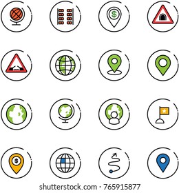 line vector icon set - globe vector, plane seats, dollar pin, tunnel road sign, drawbridge, map, man, flag, atm, trip, navigation