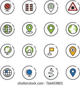 line vector icon set - globe vector, plane seats, dollar pin, tunnel road sign, map, man, flag, atm, trip, navigation