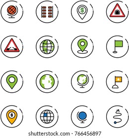 line vector icon set - globe vector, plane seats, dollar pin, tunnel road sign, drawbridge, map, flag, atm, trip