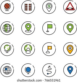 line vector icon set - globe vector, plane seats, dollar pin, drawbridge road sign, map, flag, man, atm, trip, navigation