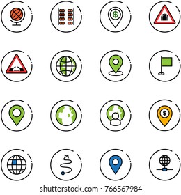 line vector icon set - globe vector, plane seats, dollar pin, tunnel road sign, drawbridge, map, flag, man, atm, trip, navigation
