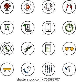 line vector icon set - globe vector, sun, christmas wreath, wine glasses, account statement, history, phone, time, horn, link, document, sunglasses, skateboard, circuit, oil derrick
