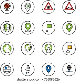 line vector icon set - globe vector, dollar pin, tunnel road sign, drawbridge, map, flag, man, trip, navigation