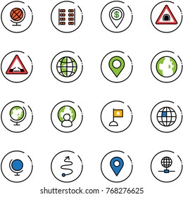 line vector icon set - globe vector, plane seats, dollar pin, tunnel road sign, drawbridge, map, man, flag, trip, navigation