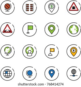 line vector icon set - globe vector, plane seats, dollar pin, tunnel road sign, drawbridge, flag, map, man, atm, navigation