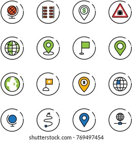 line vector icon set - globe vector, plane seats, dollar pin, tunnel road sign, map, flag, atm, trip, navigation