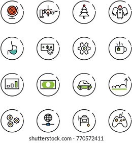 line vector icon set - globe vector, boarding passengers, christmas tree, angel, stomach, cash, gear, hot tea, statistics, money, car, growth, flower, cocncrete mixer, joystick