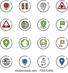 line vector icon set - globe vector, plane seats, dollar pin, tunnel road sign, drawbridge, map, flag, man, trip, navigation