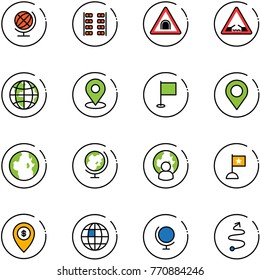 line vector icon set - globe vector, plane seats, tunnel road sign, drawbridge, map pin, flag, man, atm, trip