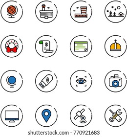 line vector icon set - globe vector, airport building, christmas landscape, wreath, account history, schedule, crown, usb wi fi, eye scanner, camera, monitor, navigation pin, satellite