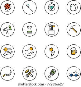 line vector icon set - globe vector, tooth brush, stopwatch heart, eggs, telescope, chess tower, win, rock axe, key hand, waves, tulip, beer, sickle, wrench hammer, beanbag, toy car