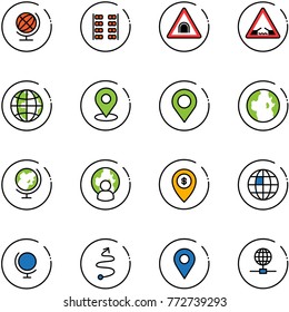 line vector icon set - globe vector, plane seats, tunnel road sign, drawbridge, map pin, man, atm, trip, navigation