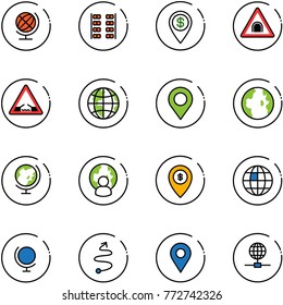 line vector icon set - globe vector, plane seats, dollar pin, tunnel road sign, drawbridge, map, man, atm, trip, navigation