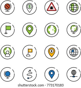 line vector icon set - globe vector, dollar pin, tunnel road sign, flag, map, man, atm, trip, navigation